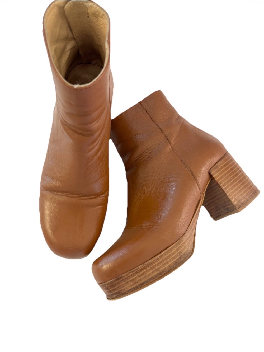 Intentionally Blank Women's Tan Leather Platform Ankle Boots with Block Heel